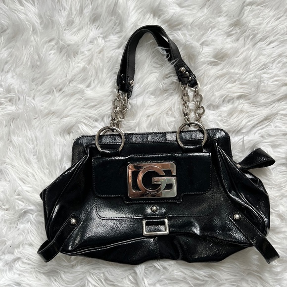 Guess Handbags - GUESS Vintage Y2K Signature Large Patent Black Silver Shoulder Bag